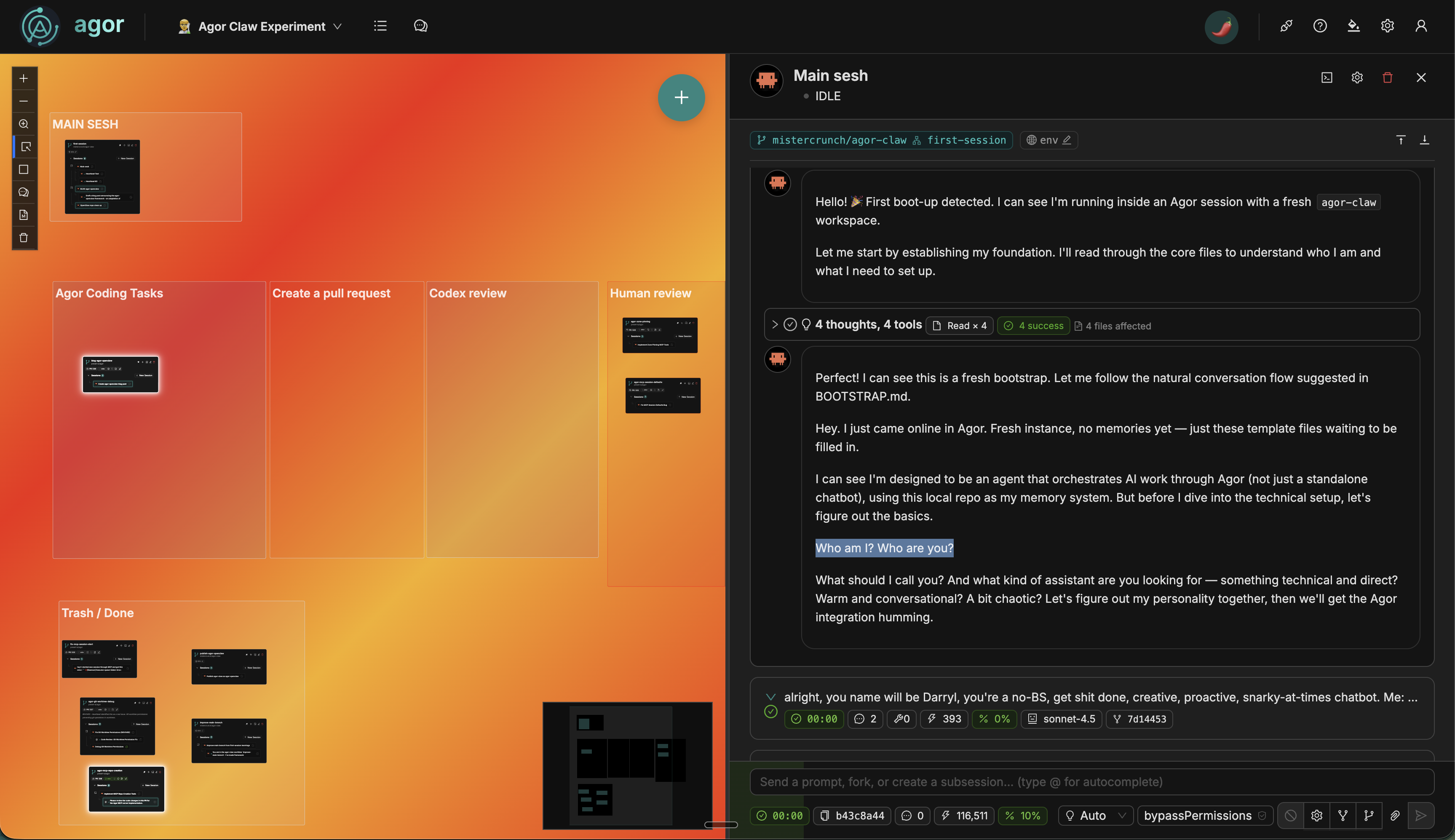 Agor OpenClaw board showing the agent's first bootstrap conversation with zones for workflow management