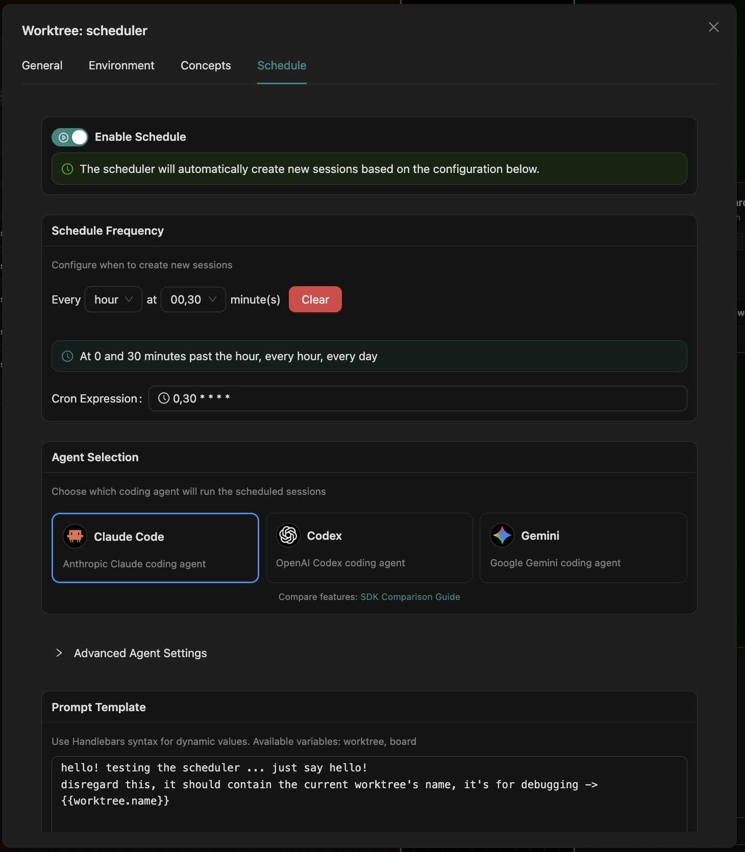 Configure schedule modal showing cron builder, agent selection, and prompt template inputs