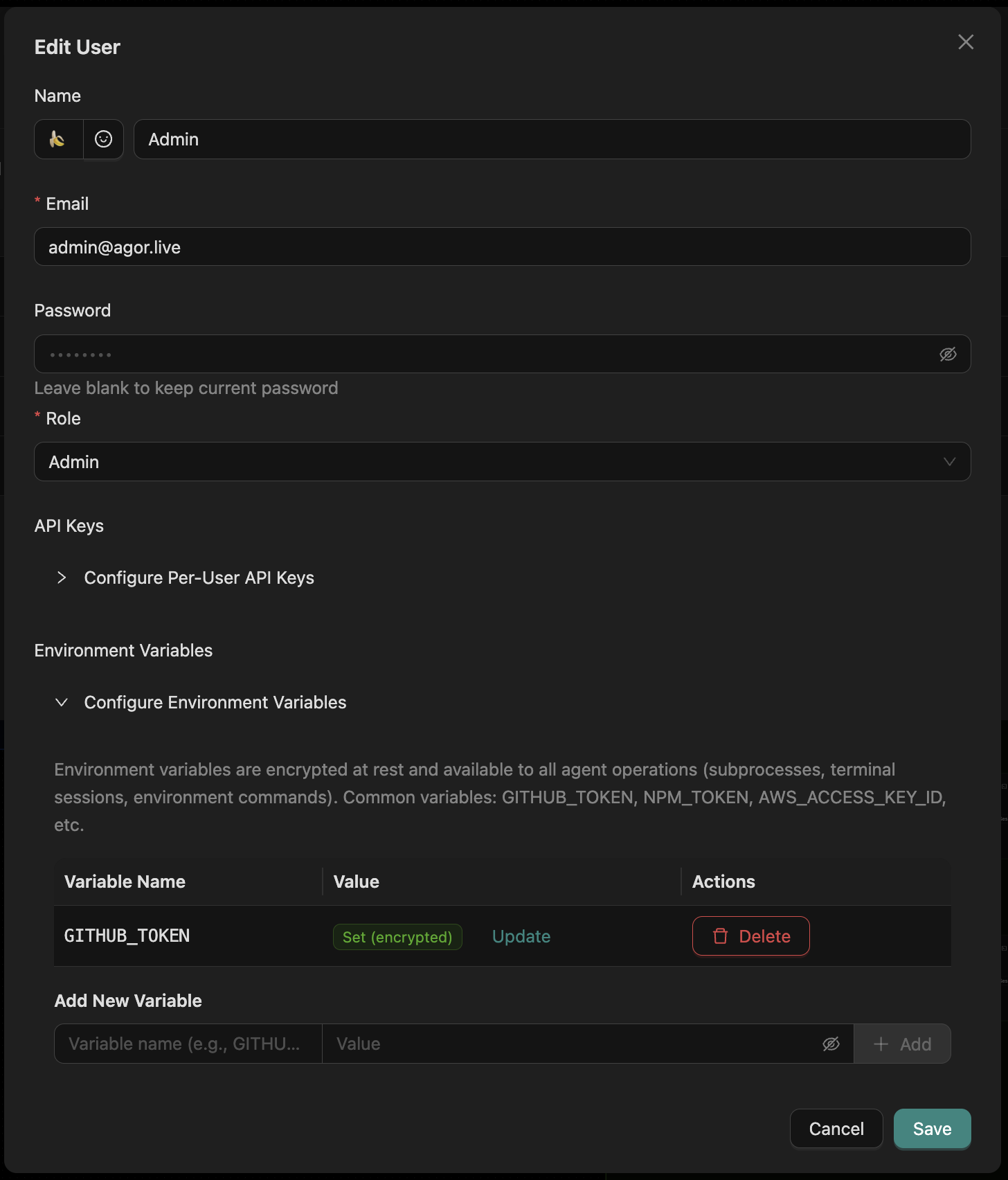 Edit user settings modal showing agent API keys and environment variables per user
