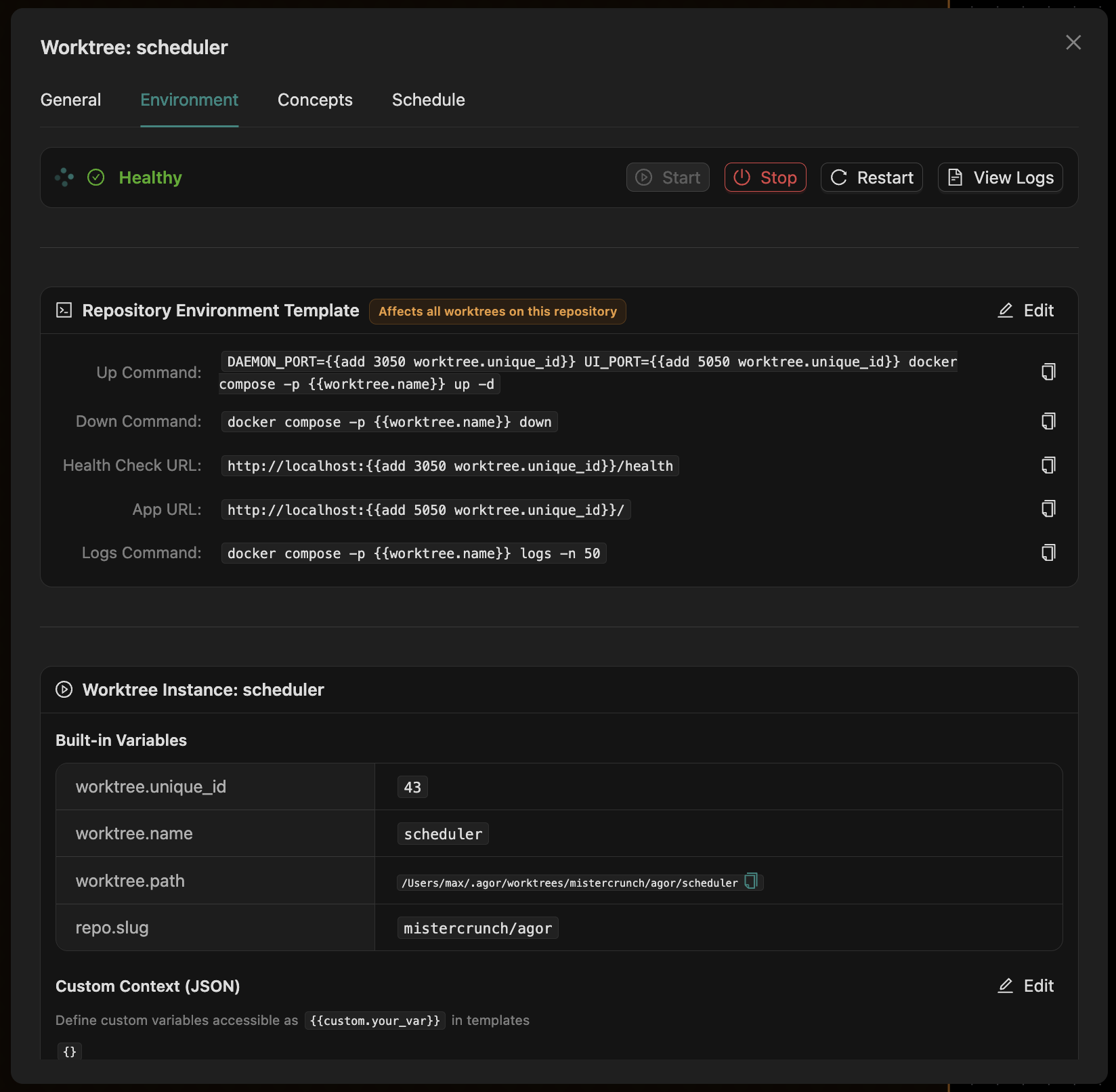 Worktree environment configuration modal showing templated Docker Compose commands and port offsets