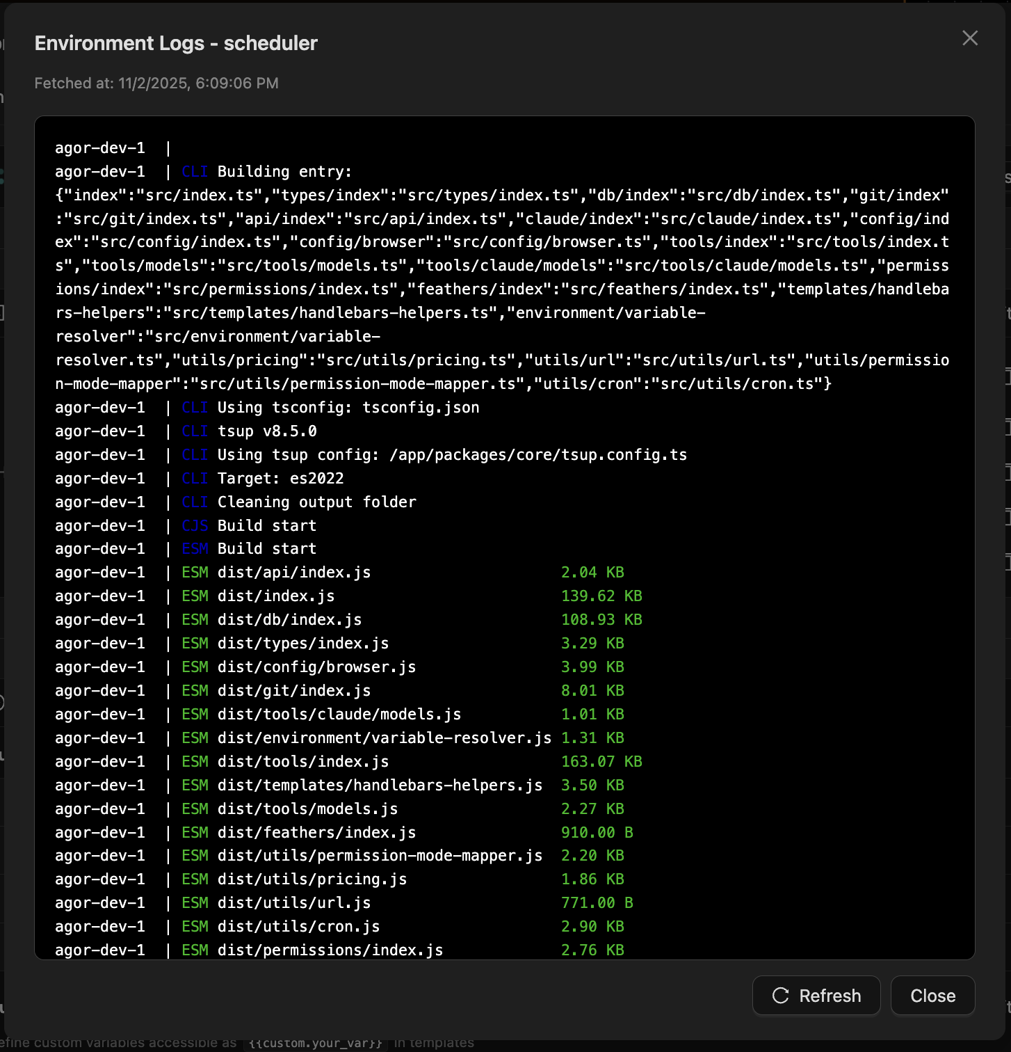 Environment log viewer showing live output for start/stop commands