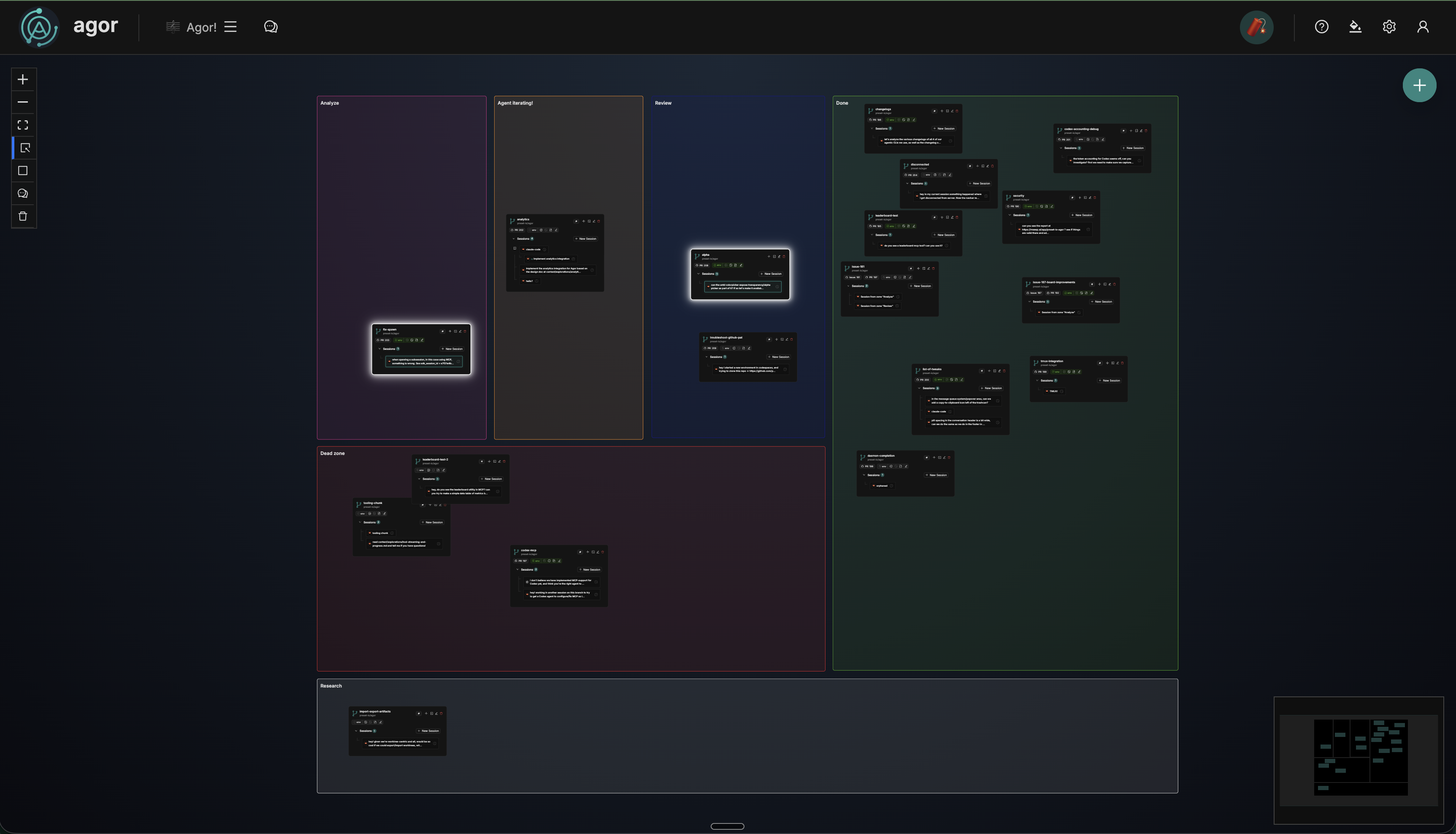 Agor multiplayer spatial canvas showing AI agent sessions organized on a board with real-time cursors, zones, and worktree cards