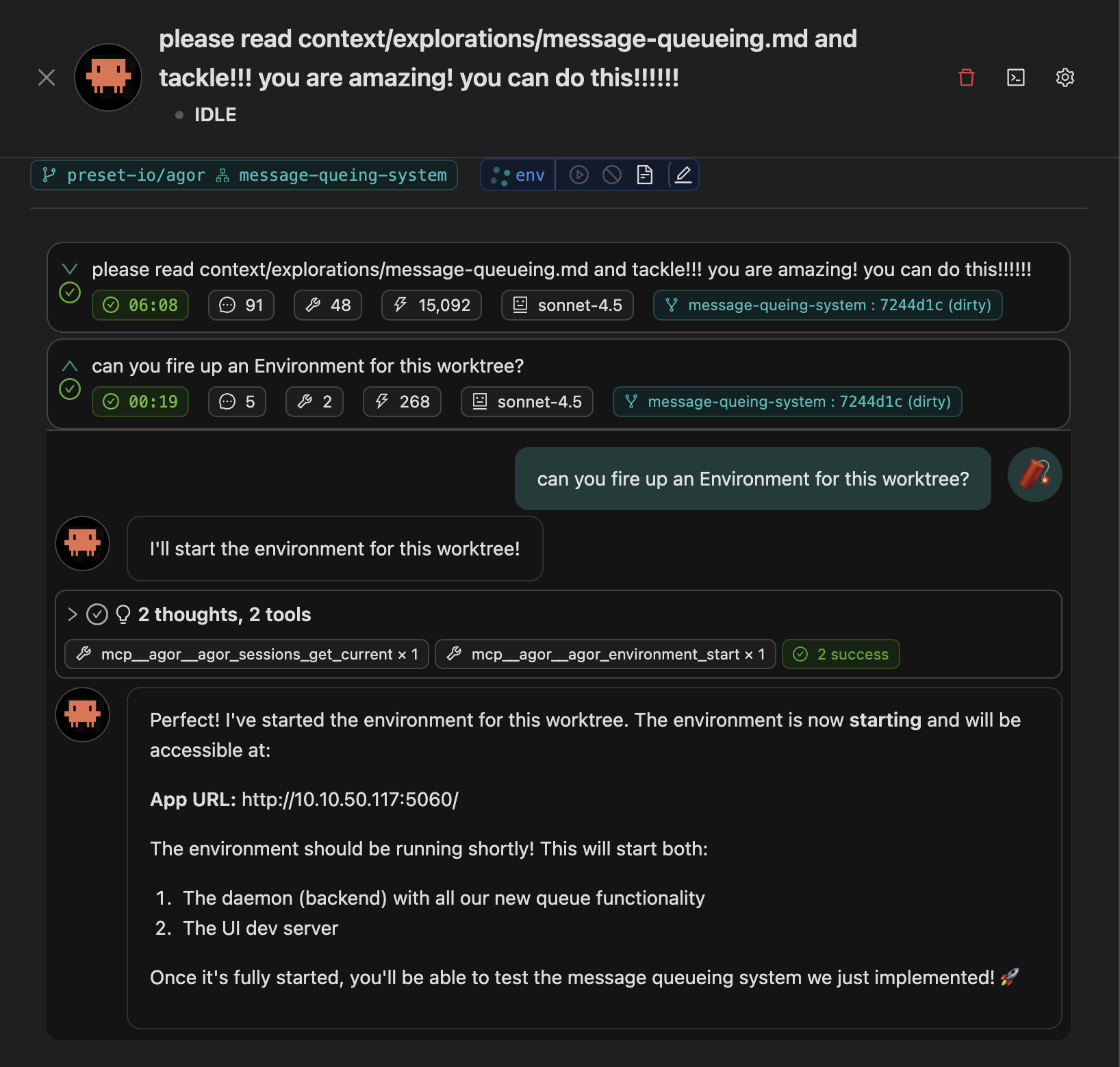 Agent using MCP tools to start a worktree environment and view its status