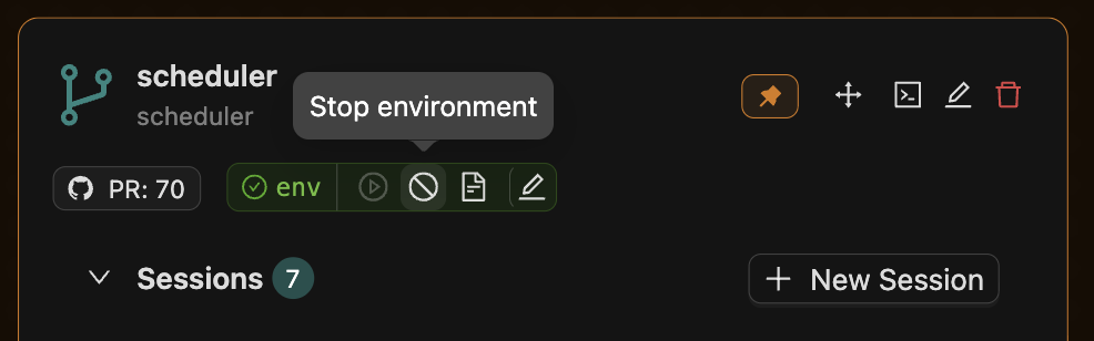 Worktree card showing environment pill with access, start, stop, view logs, and edit controls