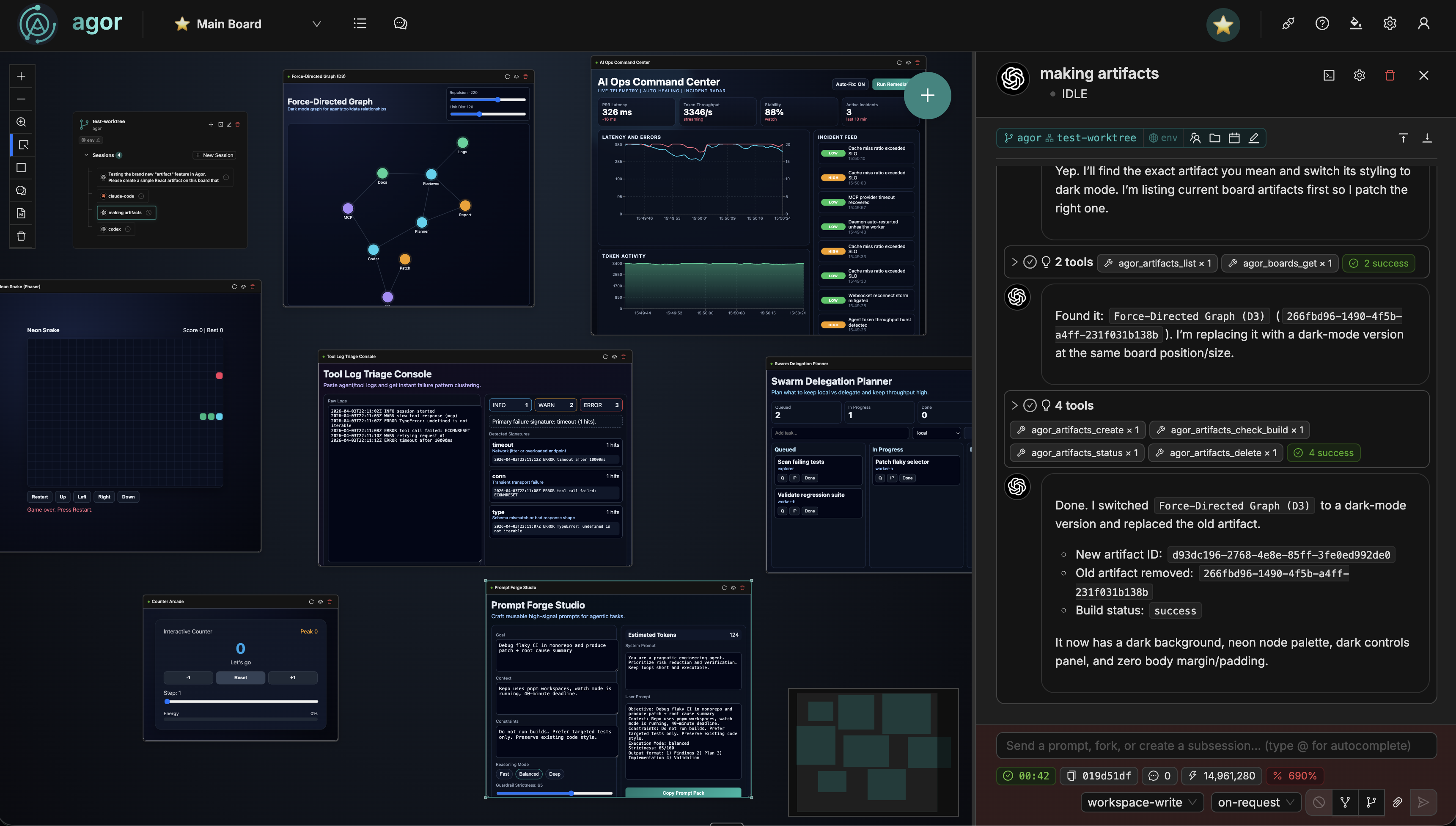 Agor board with live artifacts — interactive Sandpack applications built by AI agents directly on the canvas