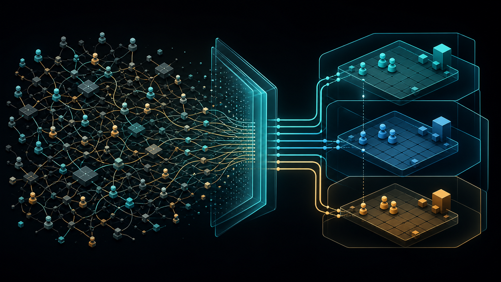 A tangled identity graph passes through a clean boundary and becomes three isolated execution environments.