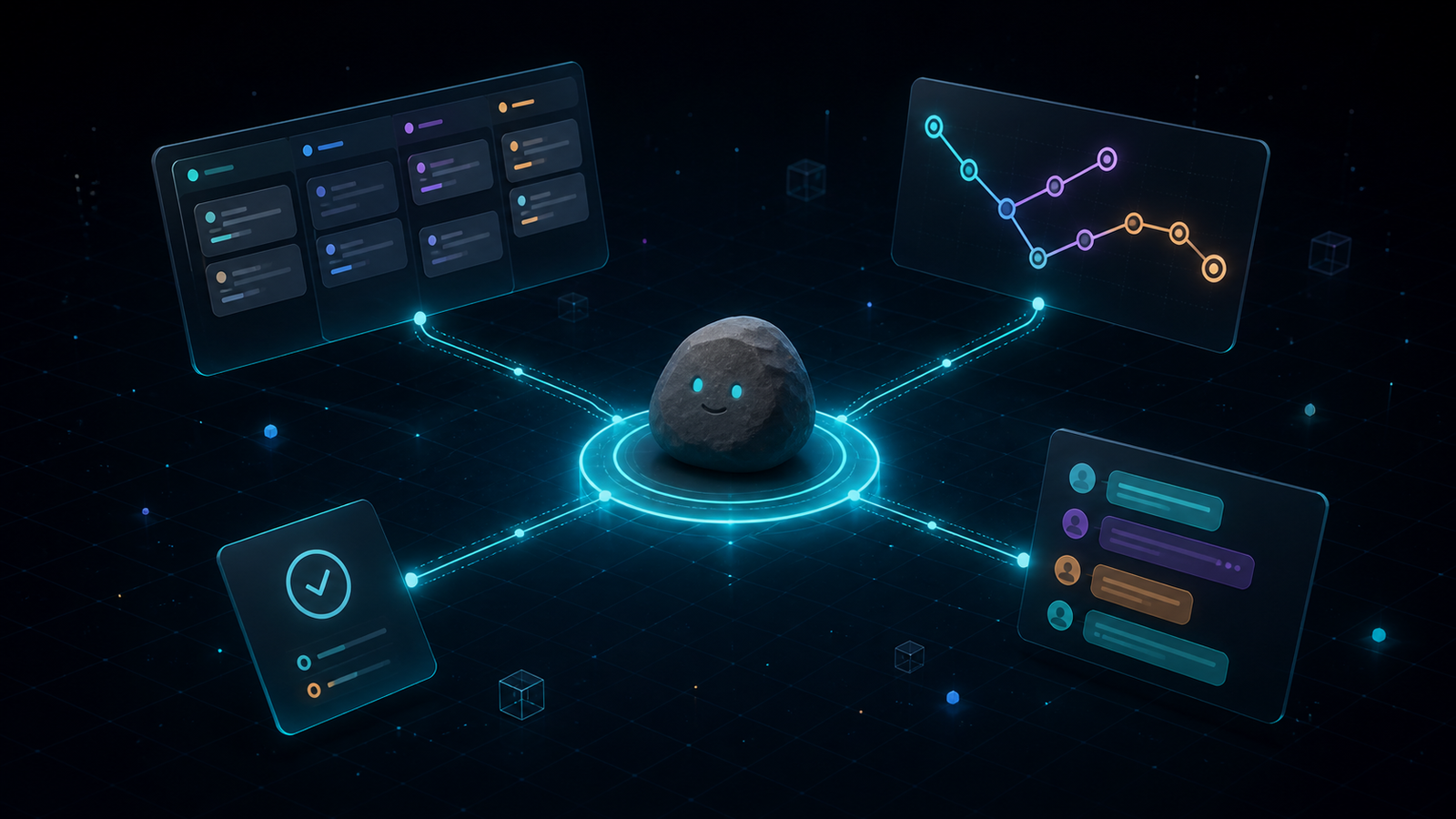 A small rock-textured teammate icon sits at the center of a spatial board, connected by threads to boards, branches, issues, and a Slack channel.