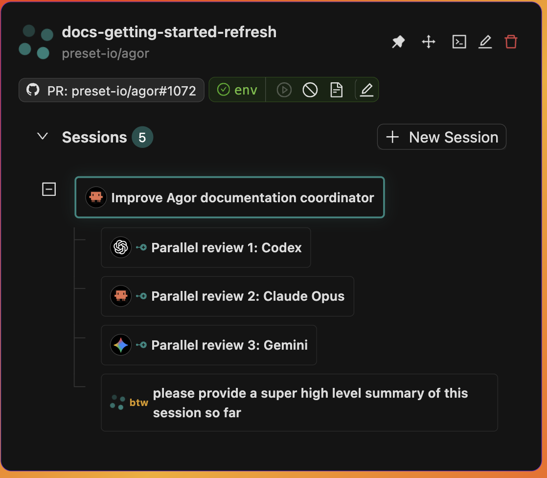 A btw side-question rendered inline in the parent session timeline — the answer is delivered back as a message in the parent's conversation when the ephemeral fork completes