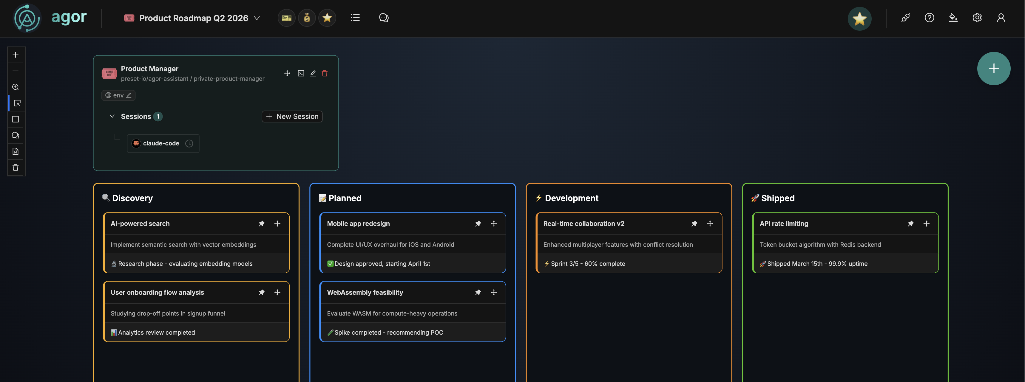 Product Roadmap board with Discovery, Planned, Development, and Shipped zones containing cards