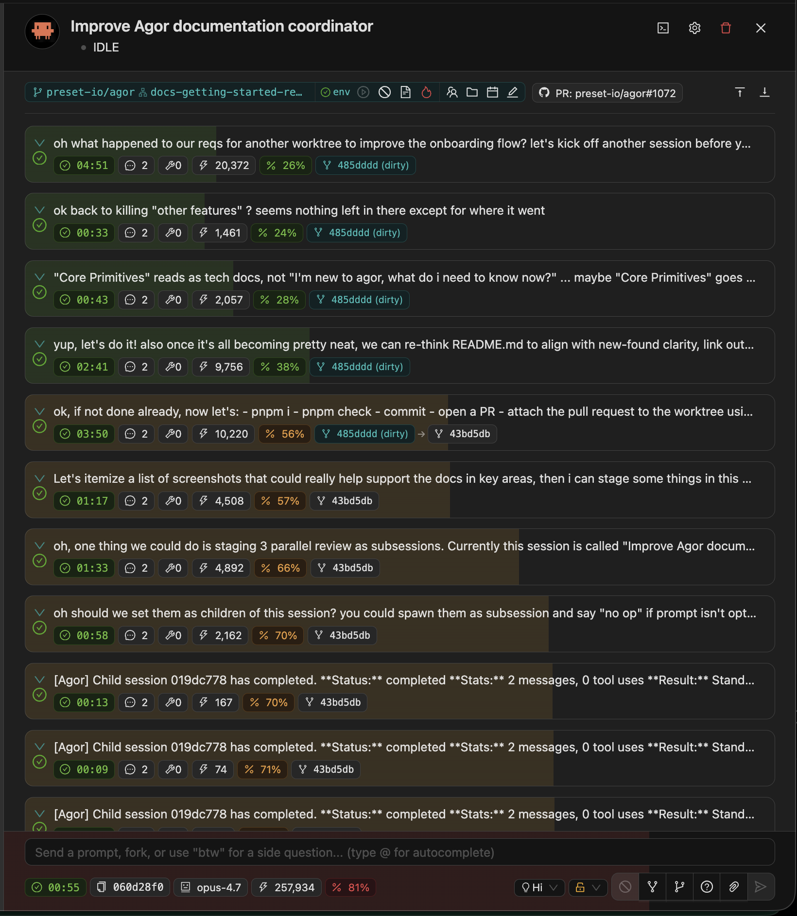 Session timeline with context-window meter rendered as a backdrop bar behind each prompt — green early, amber mid-session, red as the session fills up