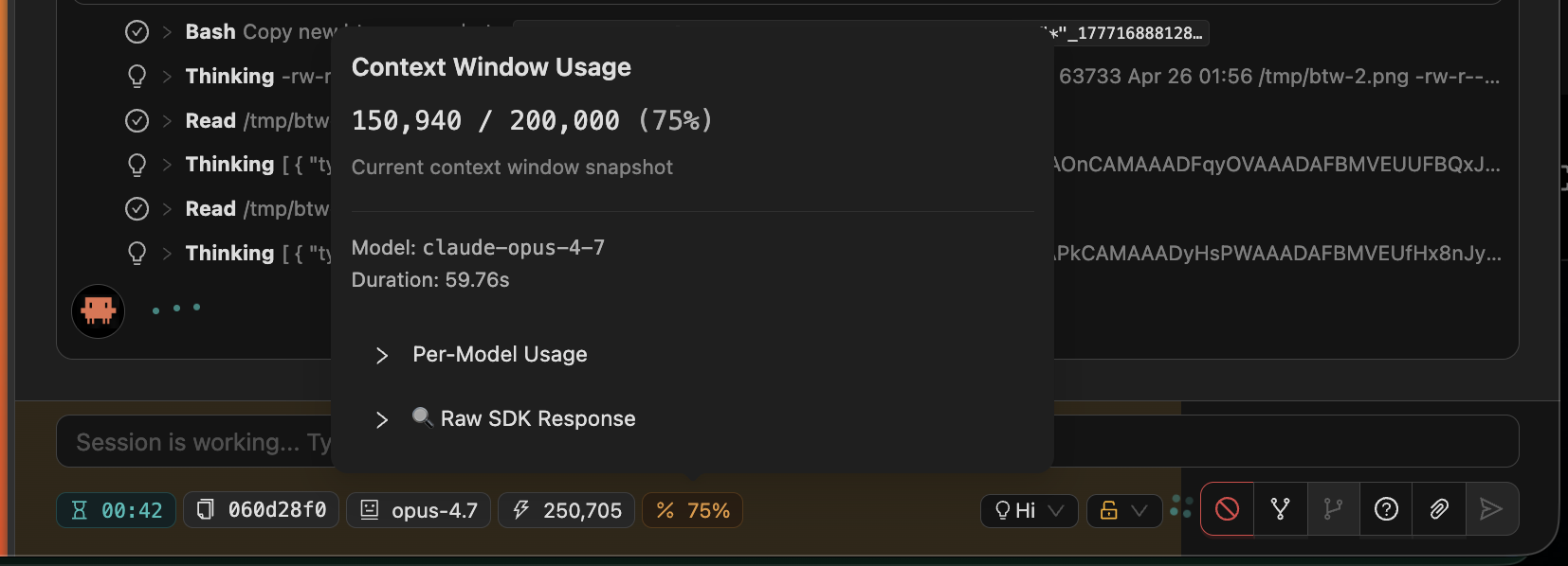 Context window popover for a single prompt showing per-model token usage and the raw SDK response payload