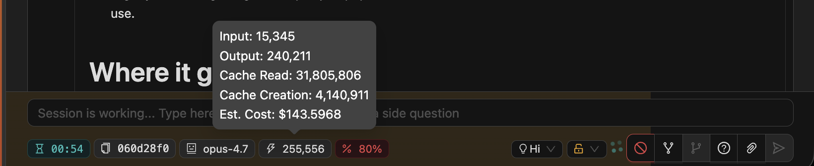 Cumulative cost and token tooltip showing input, output, cache reads, cache creation, and estimated dollar cost for a session