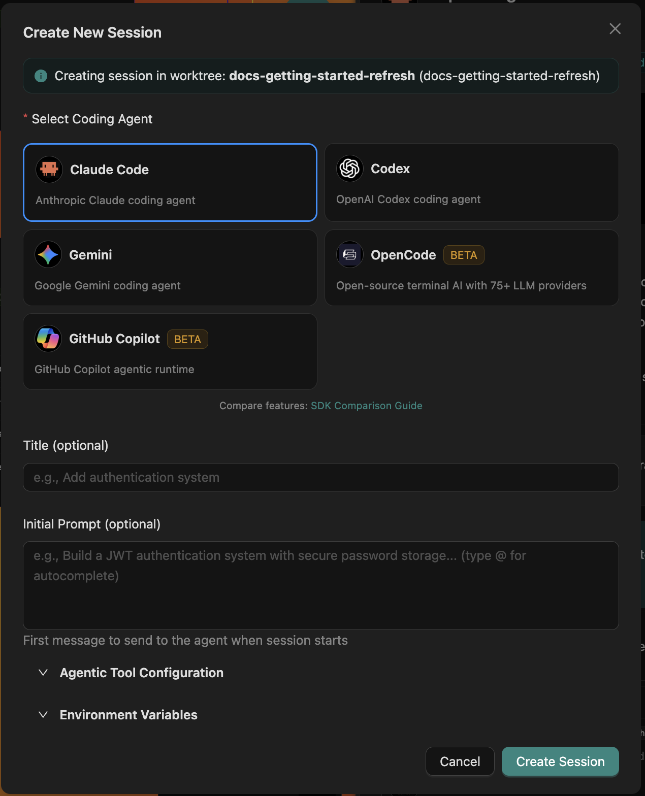 Agor create session modal showing five agent runtime cards side-by-side: Claude Code, Codex, Gemini, OpenCode (BETA), GitHub Copilot (BETA)