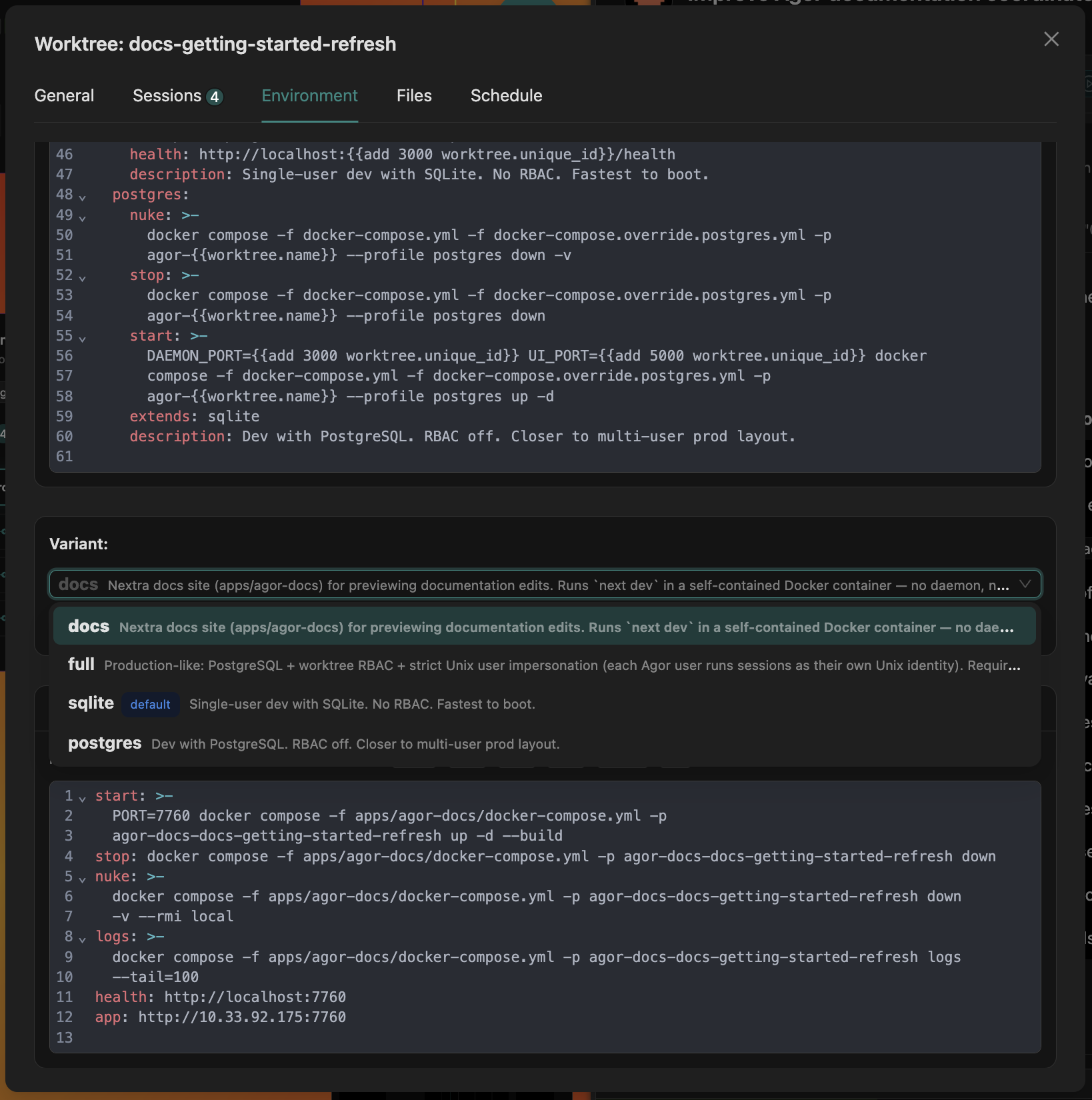 Agor worktree environment tab showing YAML config with named variants (docs, full, sqlite, postgres) and Docker compose commands