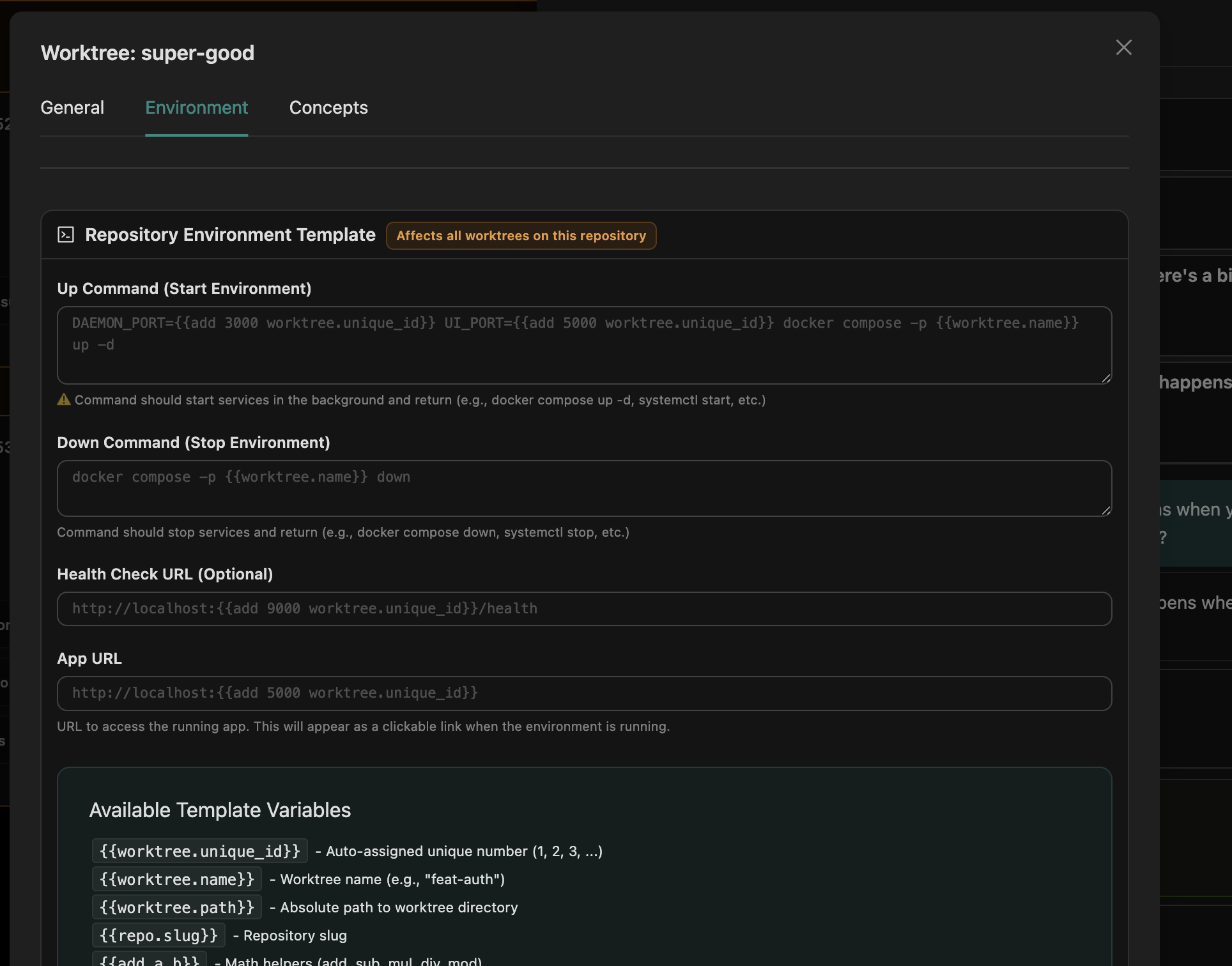 Agor worktree environment configuration showing Docker compose commands and port management templates