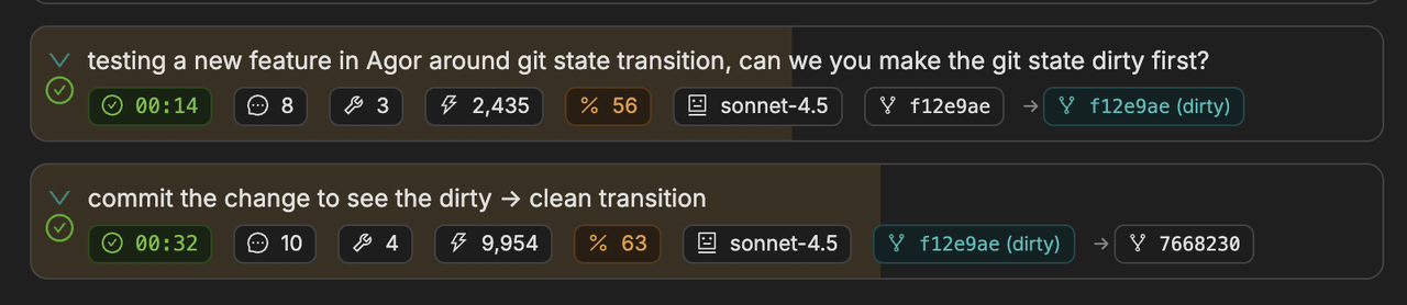 Git changes tracked per message