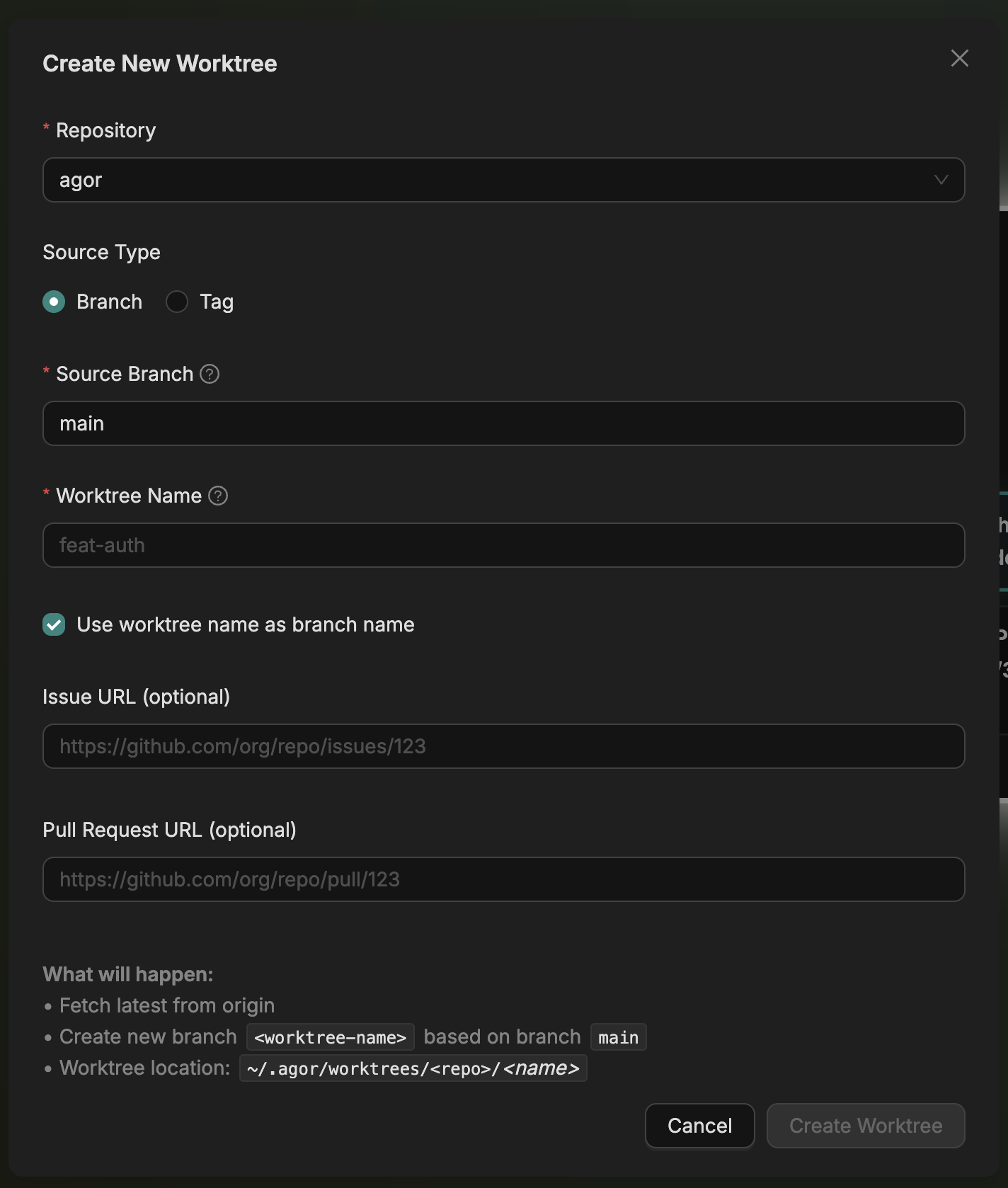 Create New Worktree Dialog