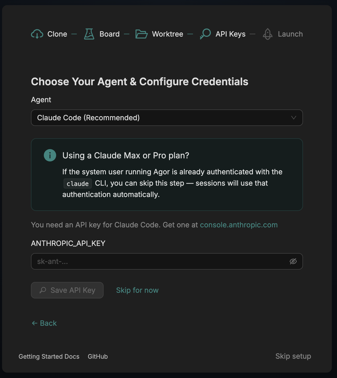 Onboarding: API Keys — pick an agent and paste a key (or skip)