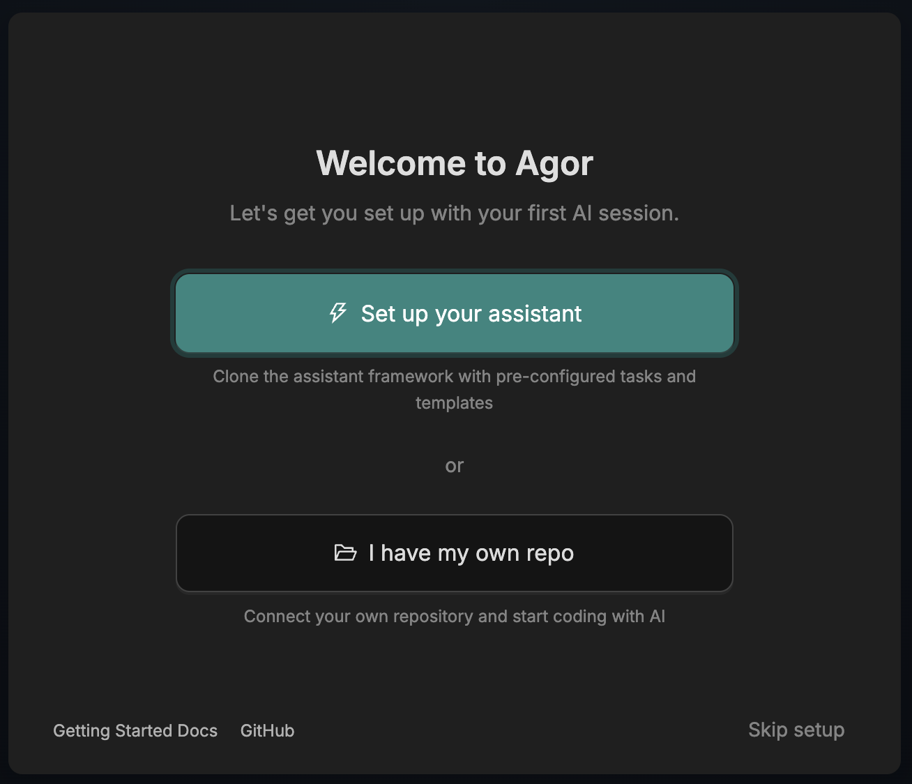 Onboarding: Welcome — Set up your assistant or use your own repo