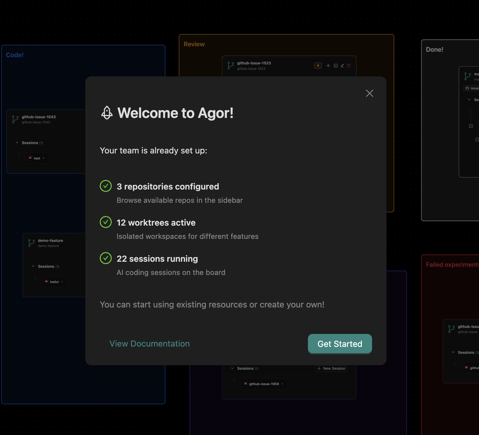 Agor onboarding welcome screen showing team status, recent activity, and quick start guide