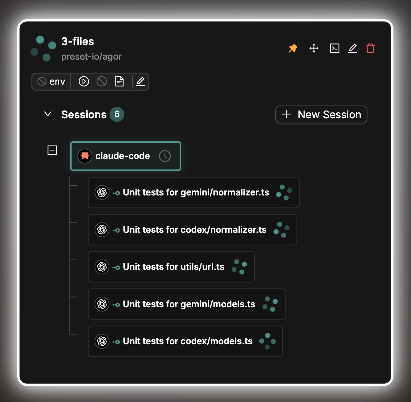 Board view showing parent session with 5 child subsessions running in parallel