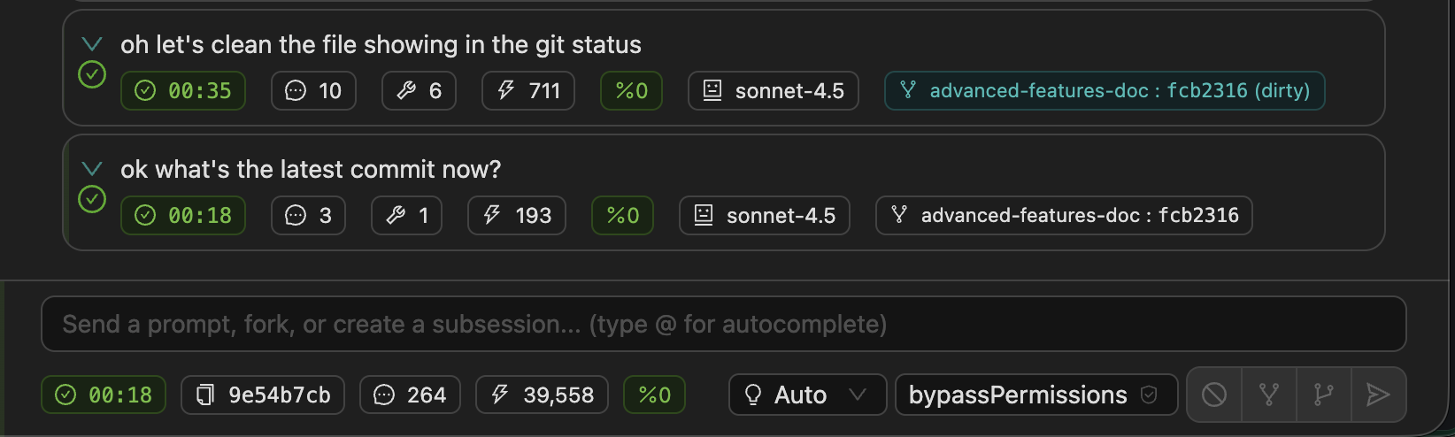 Git changes tracked per message