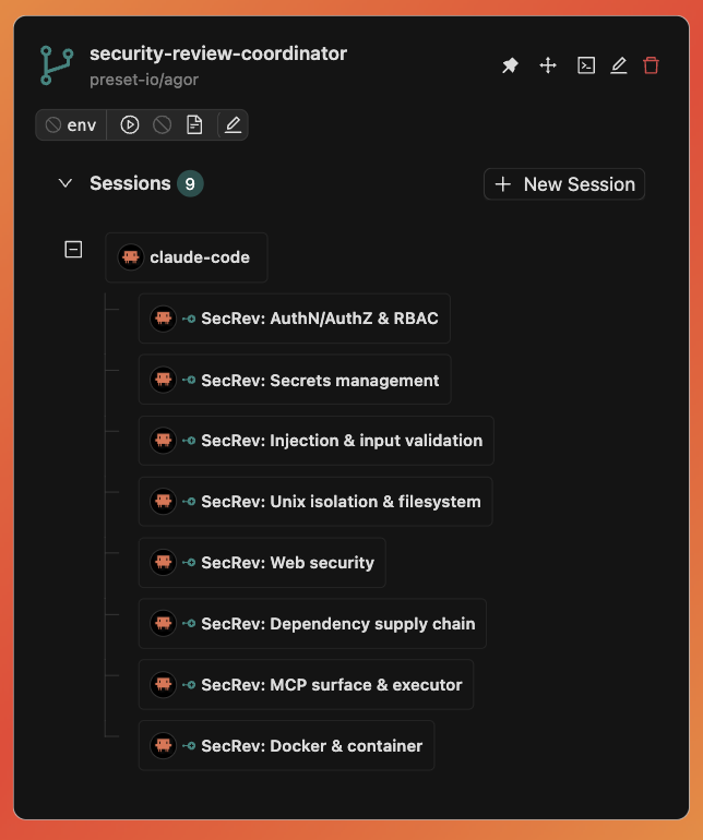 Worktree card showing a parent coordinator session that spawned eight specialized security-review children running in parallel