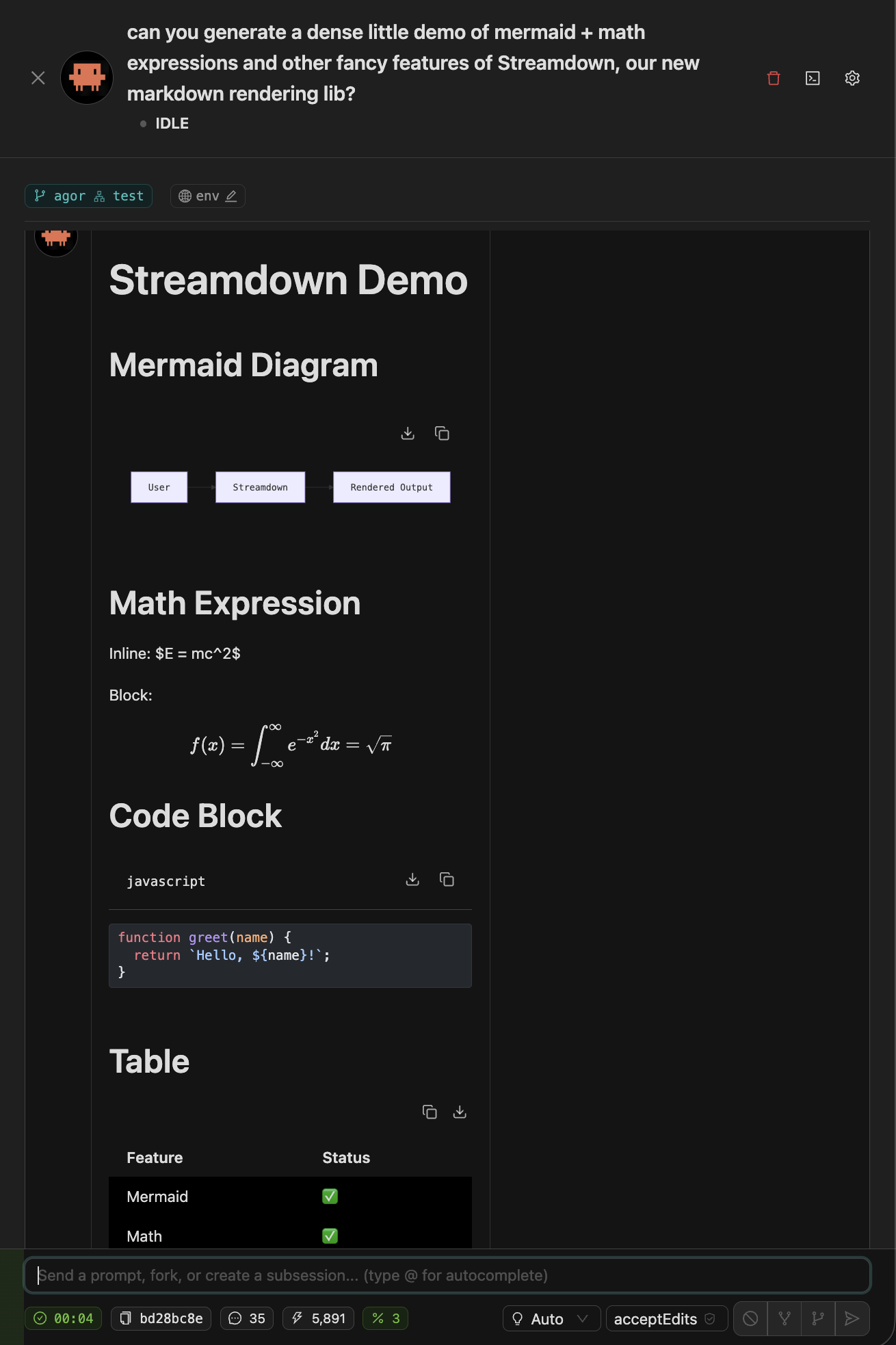 Streamdown rendering demo showing Mermaid diagram, math expressions, code blocks, and tables
