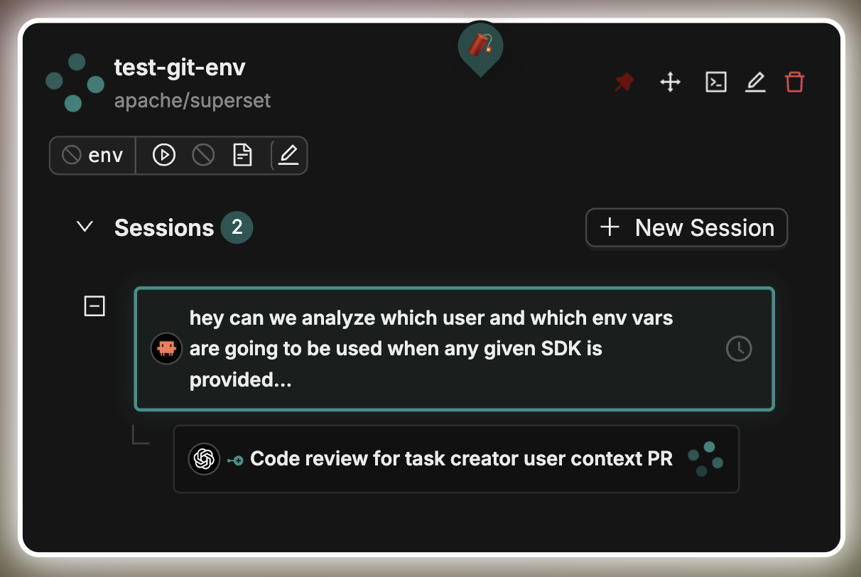 Board view showing parent and child session hierarchy