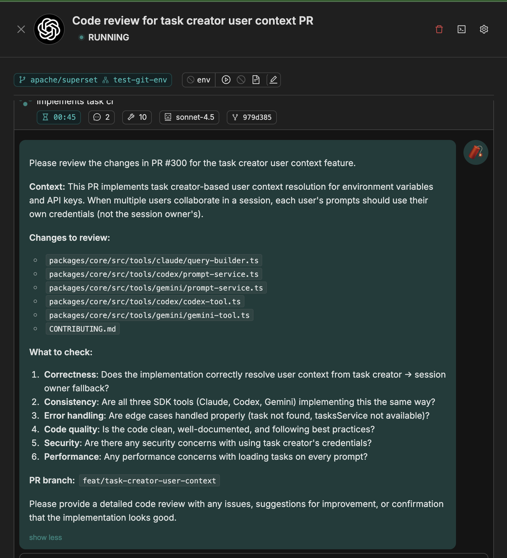 Codex subsession running the code review