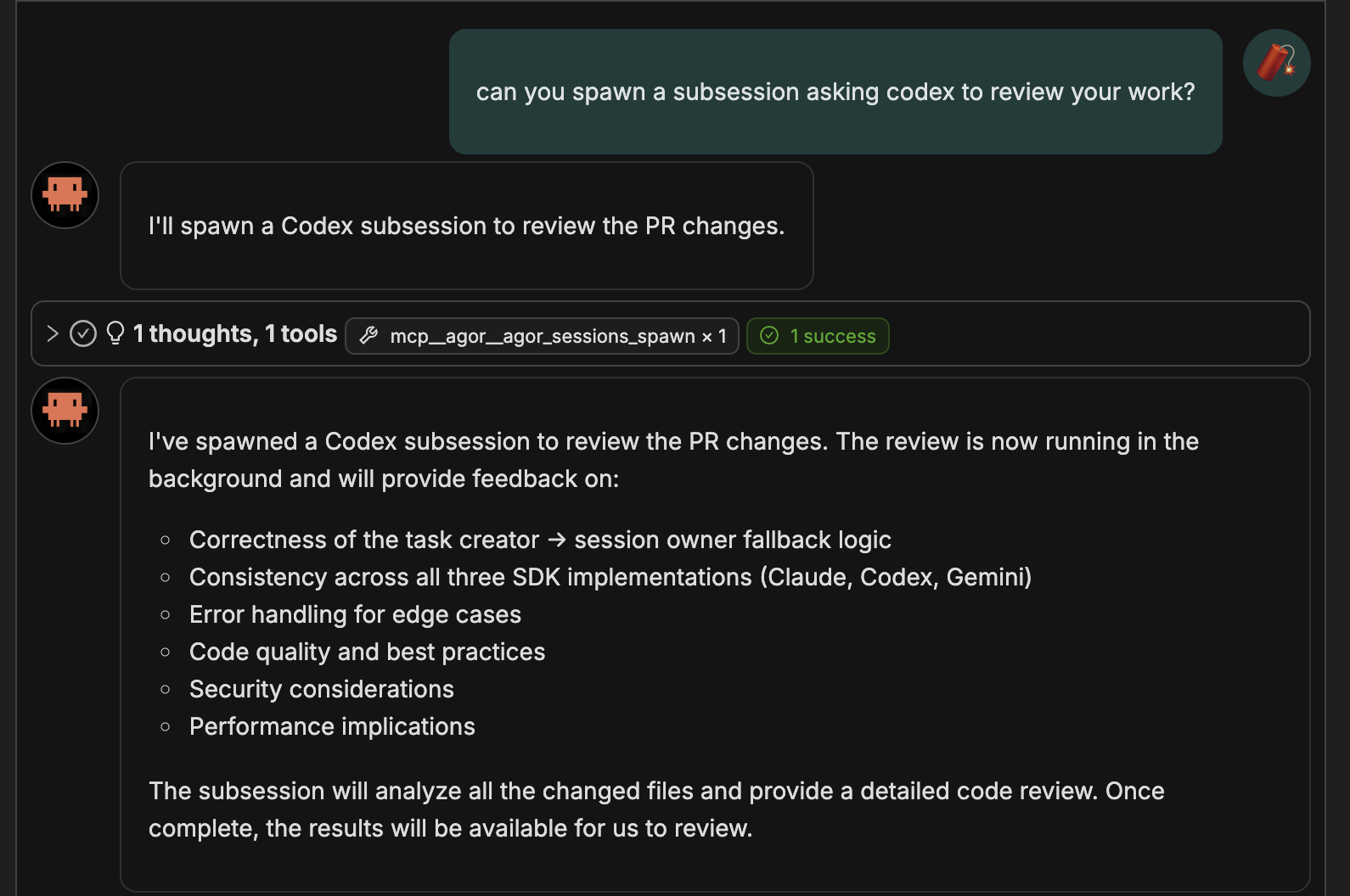 Claude Code spawning a Codex subsession for code review