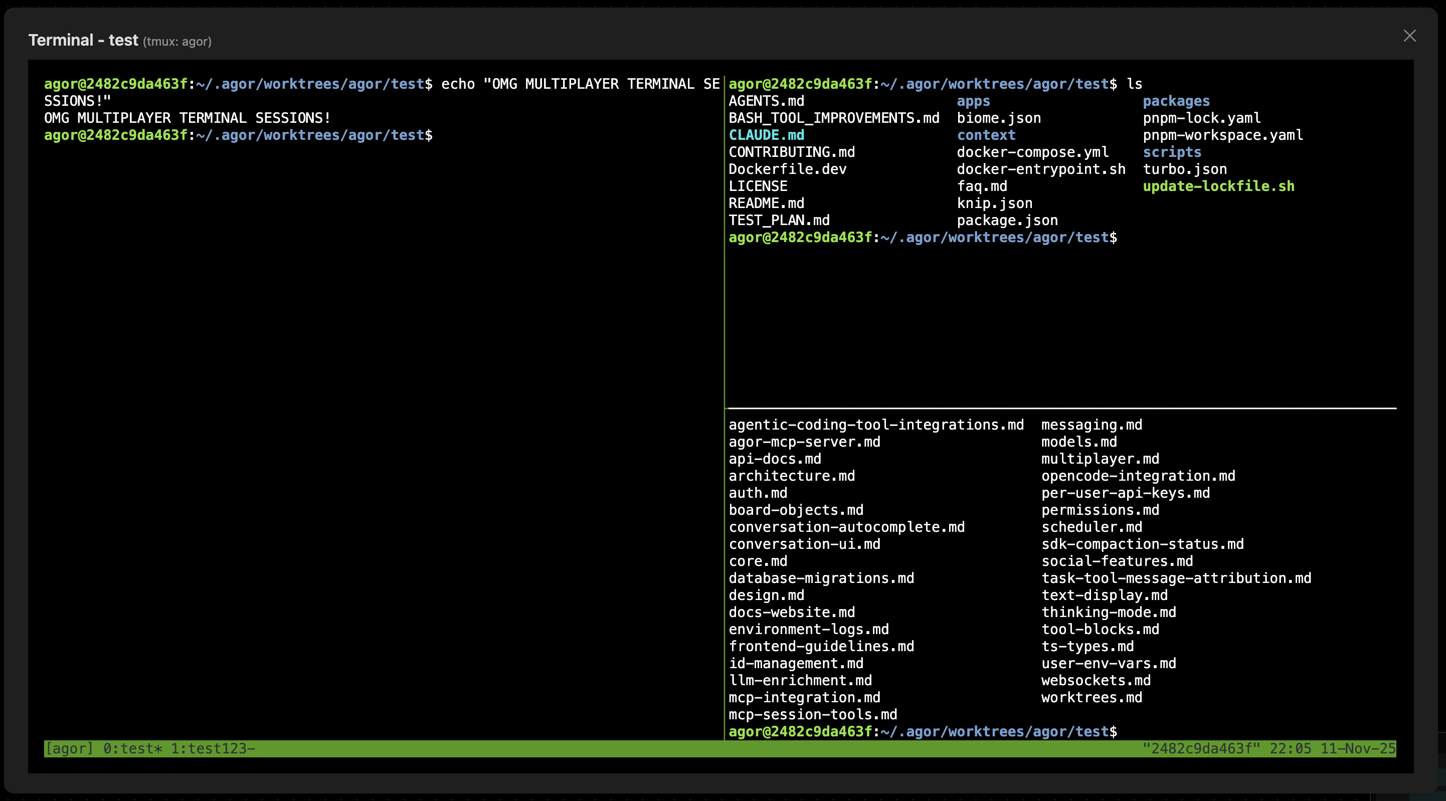 Terminal showing multiplayer tmux session with collaborative commands