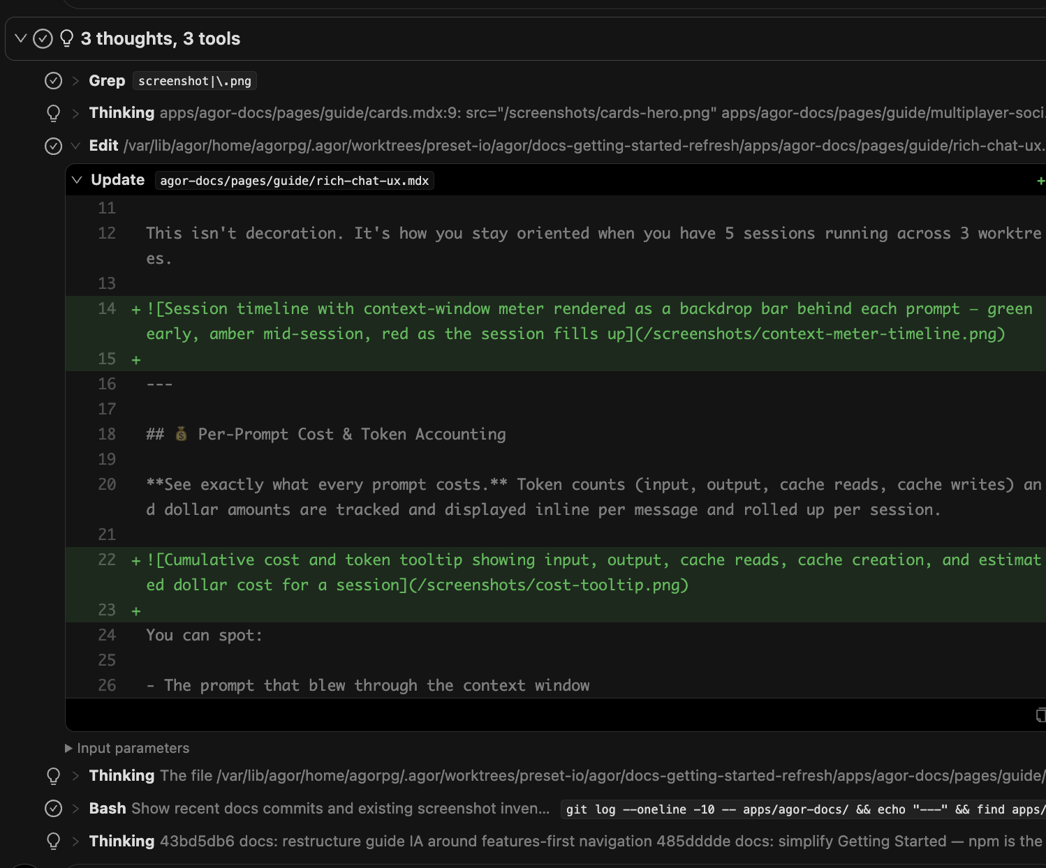 Chat showing collapsible thinking blocks, a Grep with pattern badge, an Edit with red/green inline diff, and a Bash tool block — each with its own structured rendering