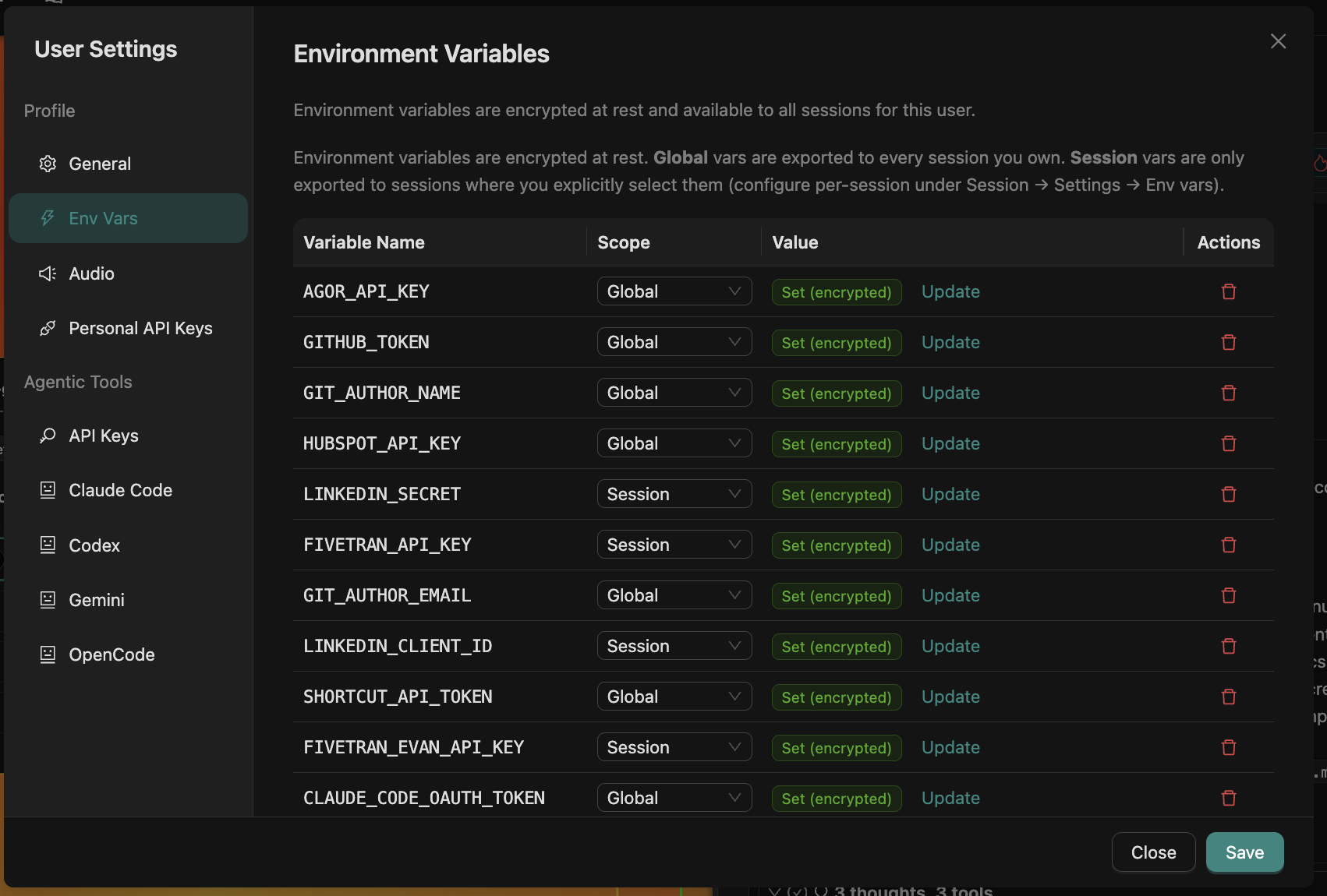 User Settings modal — left rail with Profile (General, Env Vars, Audio, Personal API Keys) and Agentic Tools (API Keys, Claude Code, Codex, Gemini, OpenCode); right pane shows Environment Variables table with Global and Session scopes, AGOR_API_KEY/GITHUB_TOKEN/HUBSPOT_API_KEY/LINKEDIN_SECRET/FIVETRAN_API_KEY/SHORTCUT_API_TOKEN/CLAUDE_CODE_OAUTH_TOKEN encrypted at rest
