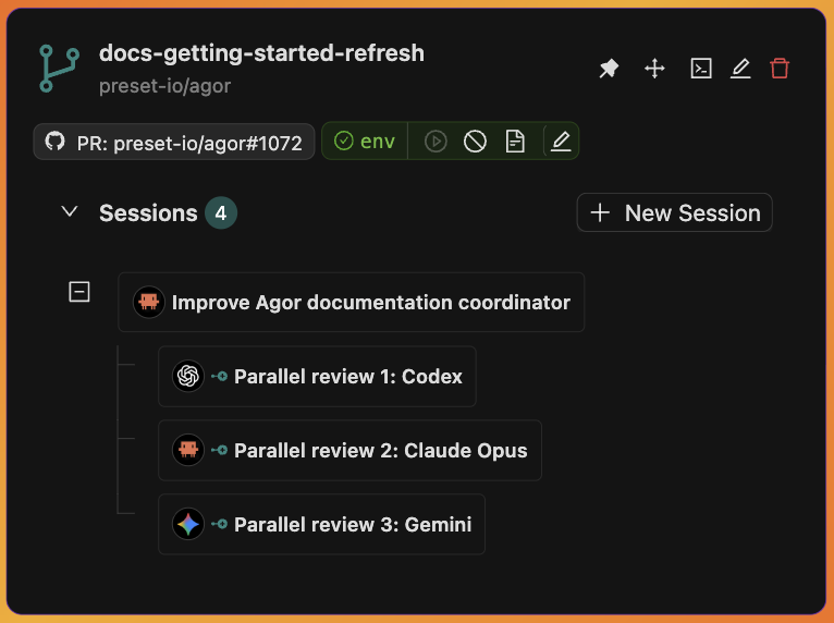 A worktree card on the board showing branch and PR badges, env / files / schedule tabs, and a list of sessions running inside