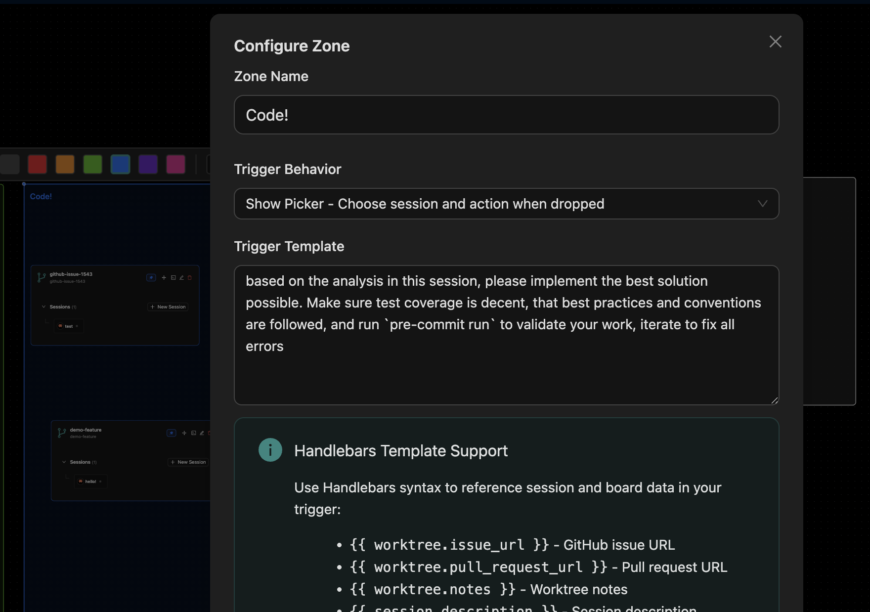 Agor zone trigger configuration interface for setting up kanban-style workflows and automated prompts